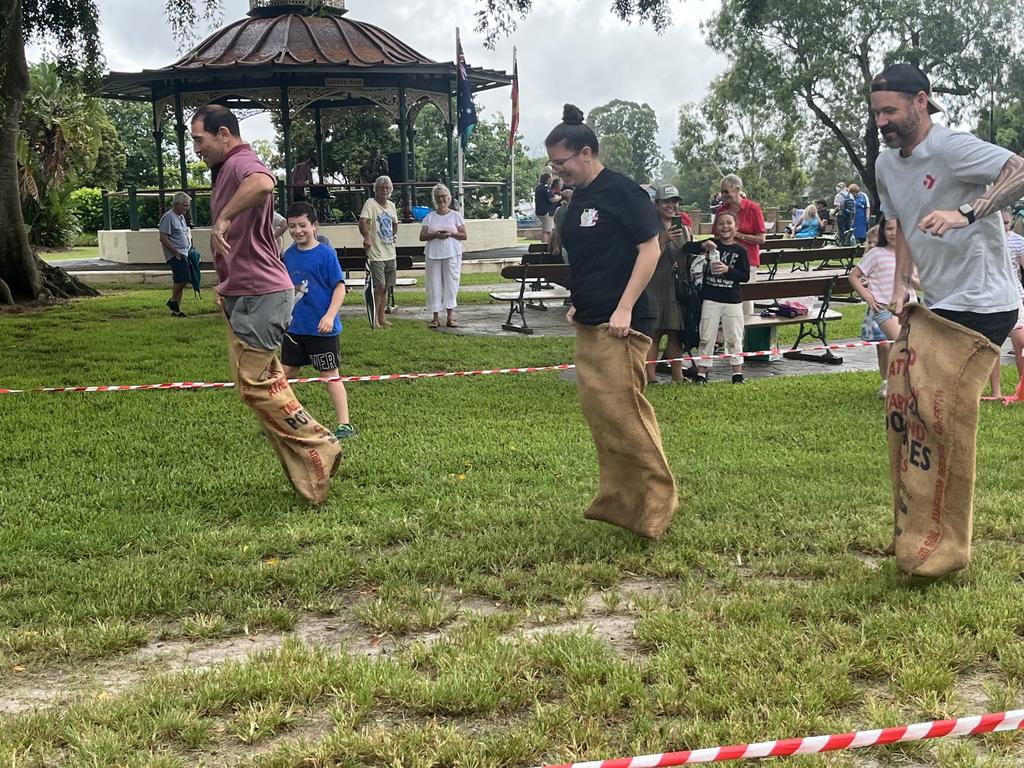 Sack races at the Australia Day breakfast in Maryborough.