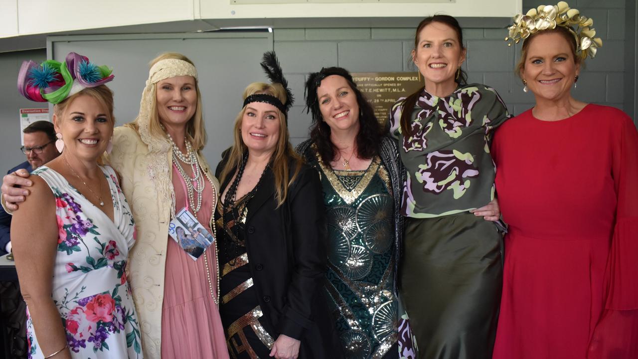 Natasha Spyve, Sarah Parker, Cara Jackson, Melody Miller, Bridget Kirkwood and Sarah Guilfoyle at the 2023 Rockhampton Girls Grammar 21st Race Day.