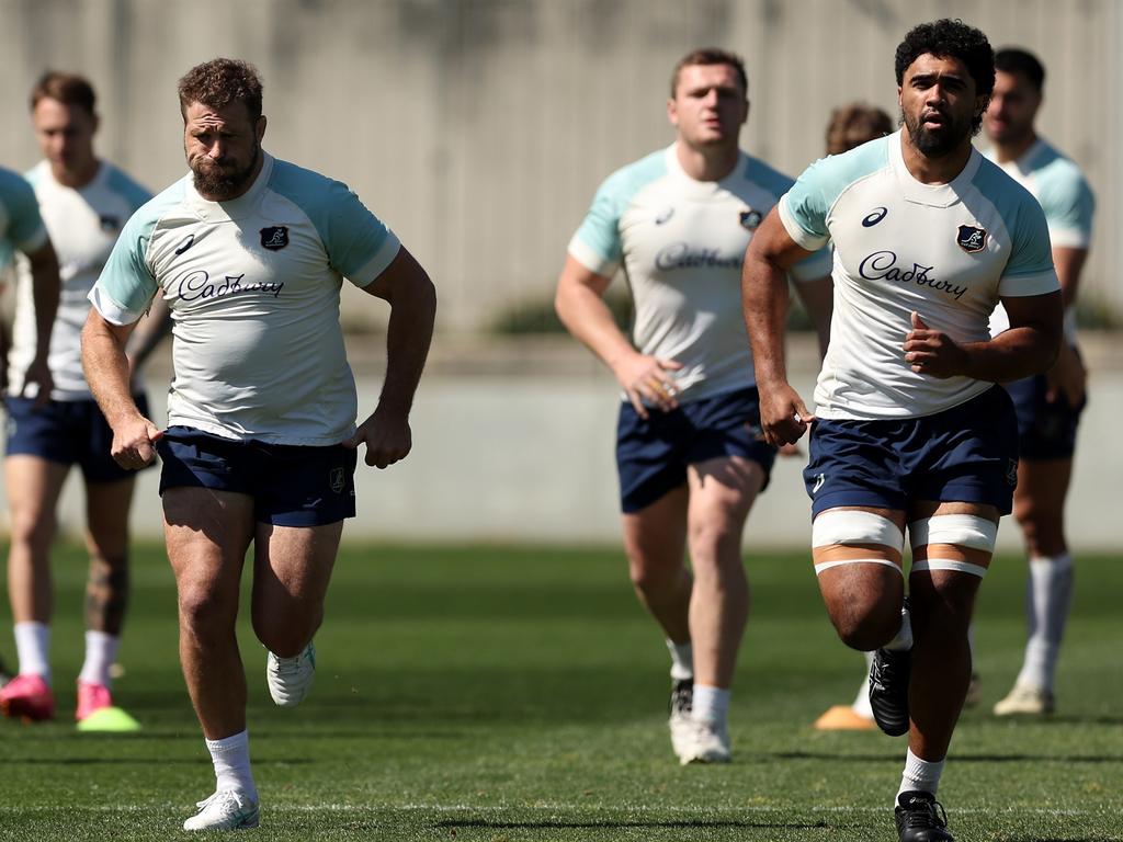 Langi Gleeson (R) during a practice session with the Wallabies last year. Picture: Getty