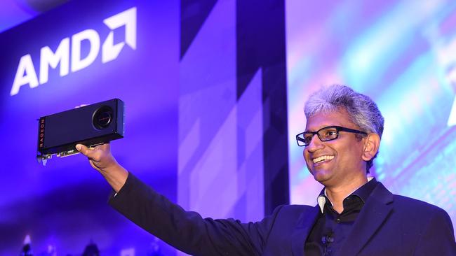 AMD senior vice president Raja Koduri with the Radeon RX 480 that supports VR &amp; gaming.