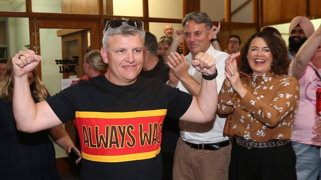 Demoted Victorian MP Darren Cheeseman in happier times, celebrating Labor’s 2022 federal election victory at Geelong Trades Hall with now Deputy PM Richard Marles and Member for Corangamite MP Libby Coker. Picture: Mark Wilson