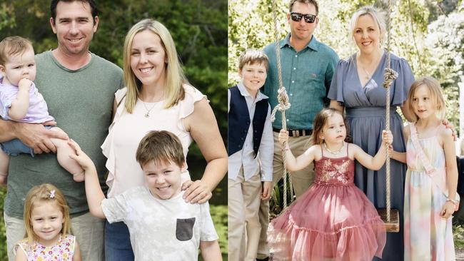 THEN &amp; NOW: Councillor Jade Wellings with her husband Michael and children Tyler, Alexandria and Josephine when she was elected in March, 2020 (left) and a current family photo at a recent wedding (right).