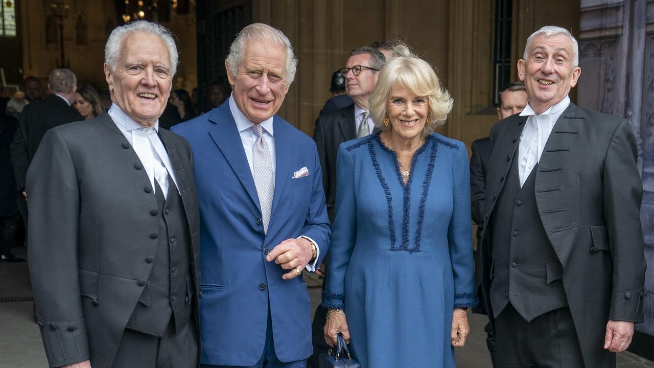 King Charles III and Camilla, Queen Consort pose with House of Lords Lord Mcfaull of Alcluith (L) and The Speaker of the House of Commons, The Rt Hon Sir Lindsay Hoyle. Picture: Getty