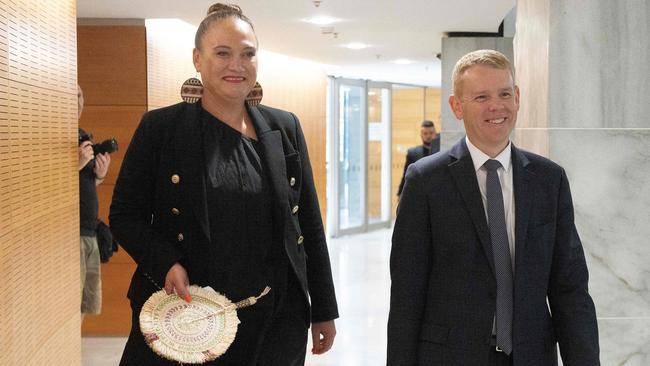 Chris Hipkins (R) and his depute Carmel Sepuloni arrive at their first press conference. Picture: AFP.