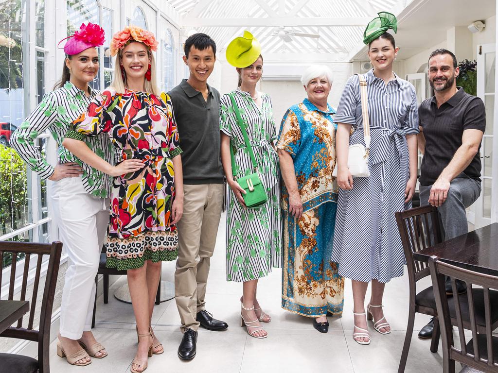 Modelling for Kaye Foley Model Agency are (from left) Abbie Brose, Kiana Low, Prince Lo, Sienna Morris, Sue Goodwin, Lily Genrich and Mason Grey at Hope Horizons Melbourne Cup charity lunch hosted by Rotary Club of Toowoomba City at Burke and Wills Hotel, Tuesday, November 5, 2024. Picture: Kevin Farmer