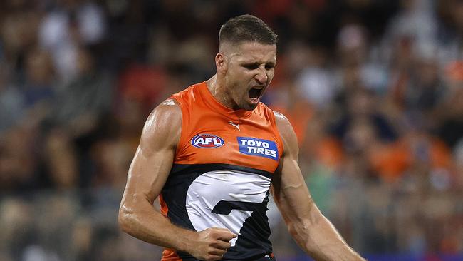 Giants Jesse Hogan celebrates kicking a goal  during the AFL Opening Round match between the GWS Giants and Collingwood Magpies at Engie Stadium, Sydney on  March 9, 2024.  Photo by Phil Hillyard(Image Supplied for Editorial Use only - Phil Hillyard  **NO ON SALES** - Â©Phil Hillyard )