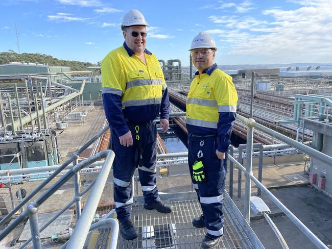 Sydney Water Principal Project Manager, Ian Blair (left) with Sydney Water North Head Production Manager, Kelvin Chow at Sydney Water’s North Head Water Resource Recovery Facility at Manly. Picture: Sydney Water