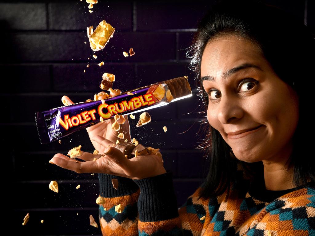 MENZ VIOLET CRUMBLE. New Robern Menz Innovations Manager Naureen Ahmed (who looks after their new product concept and sales). STORY: The successful comeback of Violet Crumble has seen a 24-hr run of choc coated honeycomb at the Glynde factory, creating a new shift and extra jobs.. Picture: Tricia Watkinson