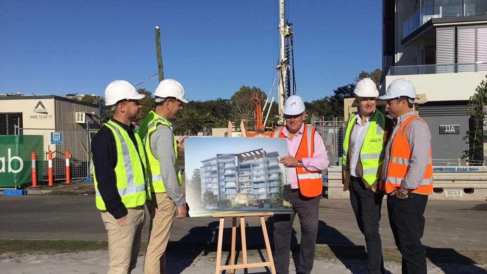 On site were Cube's Craig Morrison and Scott Juniper, Cr John Connolly, Andrew Stevens from Project Urban and Carl Nancarrow from McNab. Picture: Erle Levey