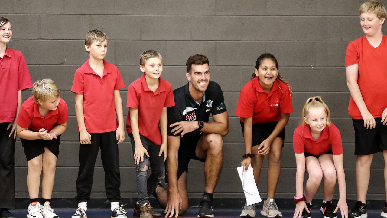 Port Adelaide ruckman Scott Lycett coducts a Port Adelaide Community Camp in Whyalla at Fisk Street Primary school. Picture Sarah Reed 