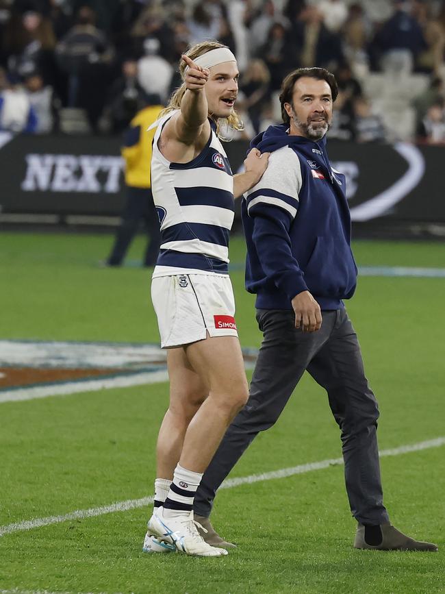 Bailey Smith, with coach Chris Scott. Picture: Michael Klein