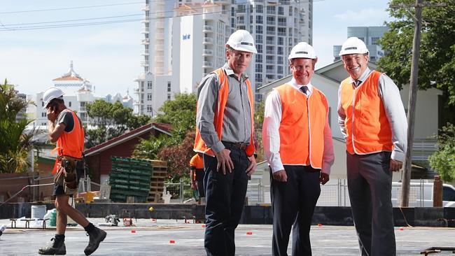 Dankav general manager Mark Casey with Andre Sharples and Perry Brosnan at the site of Mermaid Beach's first bea...