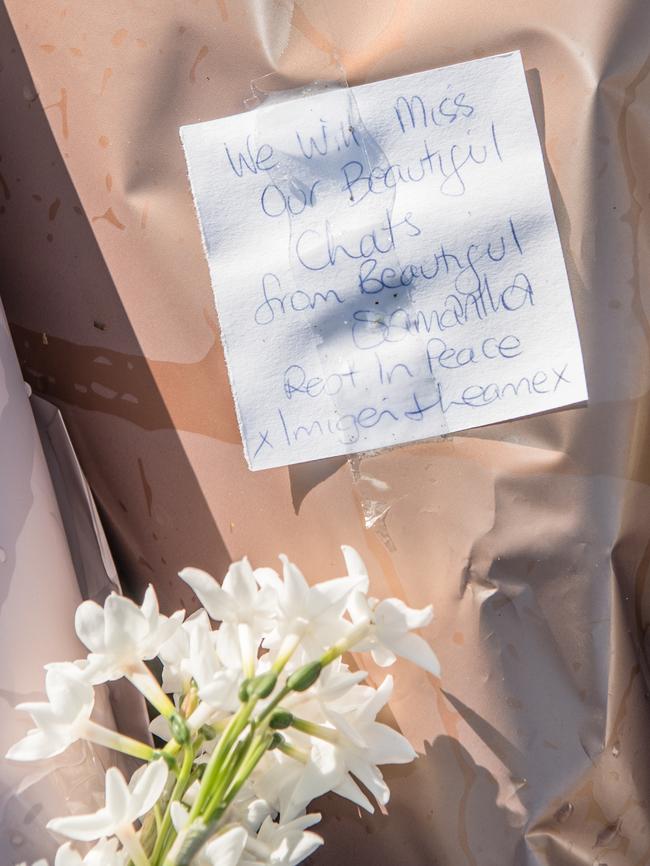 Floral tributes have been left at murdered mum Samantha Fraser’s house with touching notes from locals who knew her. Picture: Jason Edwards