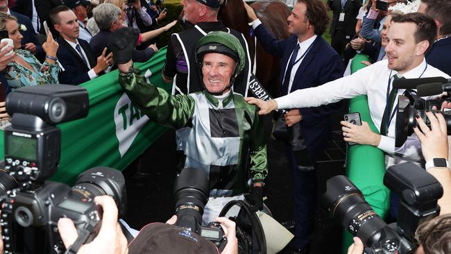 Glen Boss celebrates riding Yes Yes Yes to victory in last year’s The Everest. Picture: Mark Metcalfe/Getty