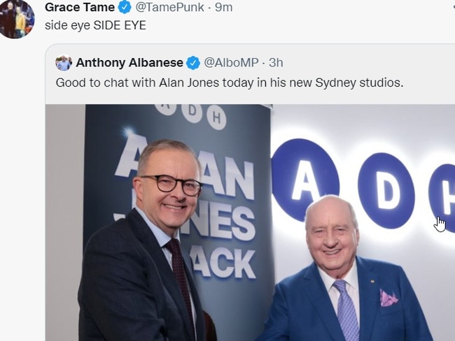 Grace Tame’s tweet about the Alan Jones interview.Picture: Twitter.