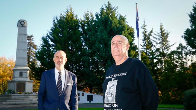 Veterans’ Affairs Minister Guy Barnett and the nephew of Teddy Sheean, Garry Ivory. Picture: PATRICK GEE