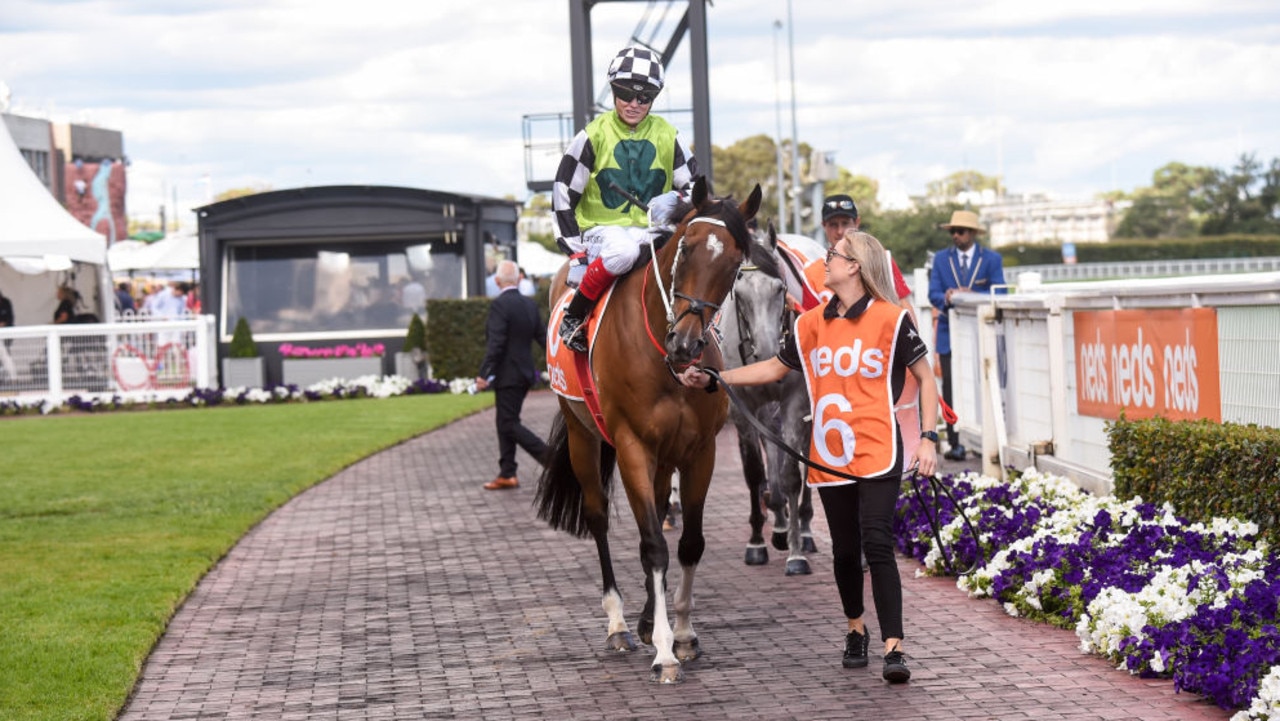 Imaging (GB) ridden by Craig Williams in the mounting yard prior to the running of the Neds C.F. Orr Stakes at Caulfield Racecourse on February 06, 2021 in Caulfield, Australia. (Reg Ryan/Racing Photos via Getty Images)