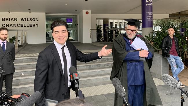 Student activist Drew Pavlou with his barrister Tony Morris QC outside the Brian Wilson Chancellery at the University of Queensland last week. Picture: Michael McKenna