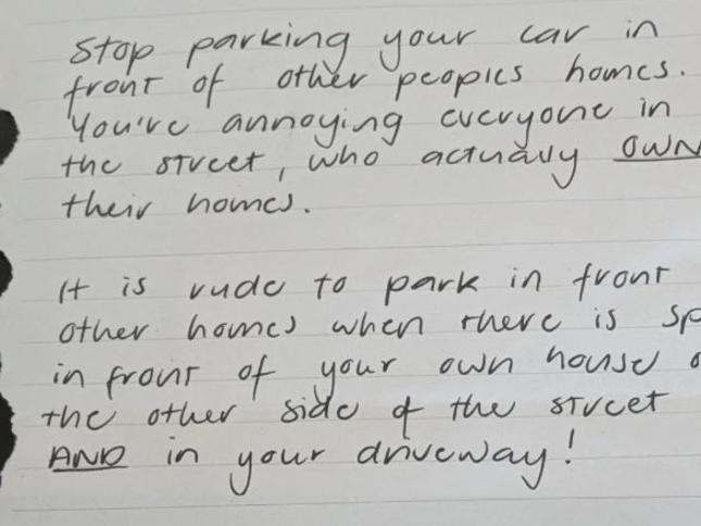 The note left on a renter's car by a homeowner in Toowoomba.