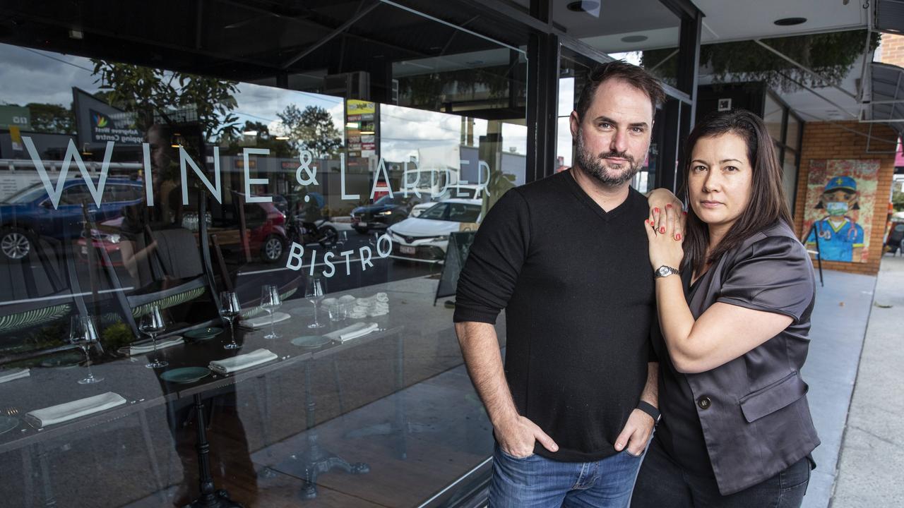 James Alcock and wife Stephanie Fausz have been forced to shut their Ashgrove restaurant Wine and Larder Bistro due to the latest Cover lockdown and don’t know if they'll ever be able to reopen. Picture: Lachie Millard