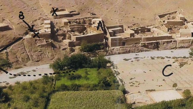 High resolution photos of the Afghan village of Darwan, which was raided in 2012 by the SAS, with points marked where an Afhan villager allege his uncle was killed. Picture: Australian Federal Police