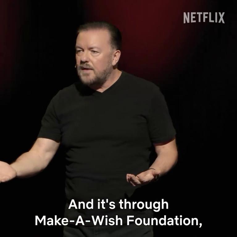 In a clip Gervais posted to his social media pages last week, he jokes about making videos for sick children via the Make-A-Wish Foundation. Picture: rickygervais, netflixisajoke