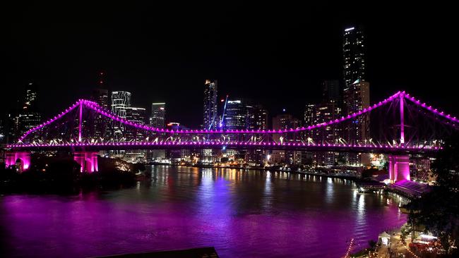 Brisbane’s Story Bridge is lit up in pink in memory of Hannah Clarke and her children last year. Picture: Jono Searle/Getty Images