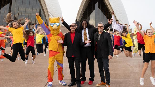 INXS members Kirk Pengilly and Jon Farriss with Baker Boy. Pic: Supplied