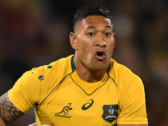 Israel Folau of the Wallabies in action during the Rugby Championship match between the Qantas Wallabies and the Argentina Pumas at GIO Stadium in Canberra, Saturday, September 16, 2017. (AAP Image/Lukas Coch) NO ARCHIVING, EDITORIAL USE ONLY