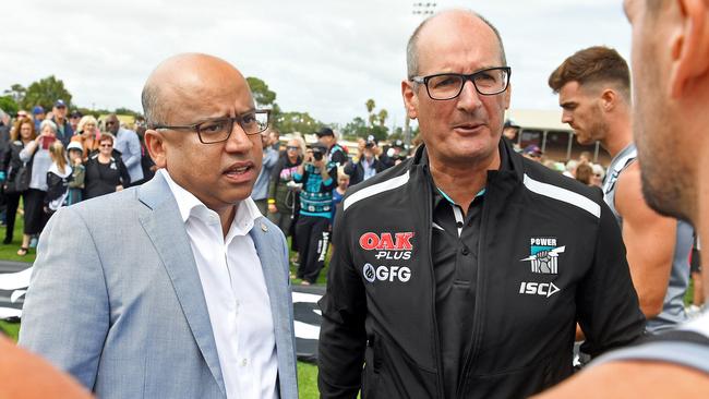 Port Adelaide announced Sanjeev Gupta's GFG as new joint major sponsor back in 2019. Pictured: Port Adelaide’s David Koch and Sanjeev Gupta. Picture: Tom Huntley