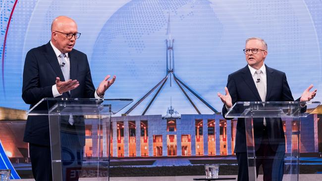 Peter Dutton and Anthony Albanese during the third leaders debate. Picture: James Brickwood/Pool/NewsWire