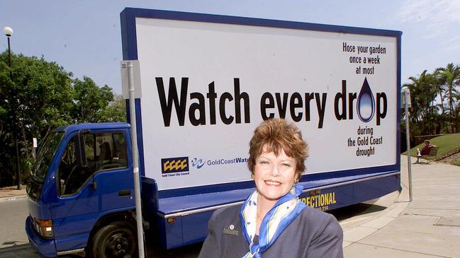 Cr. Daphne McDonald helps launch the Gold Coast City counci's $400,000 drought beating, water conservation initiative. PicAdam/Ward. advertising mobile billboard usage saving 'watch every drop' advertisement