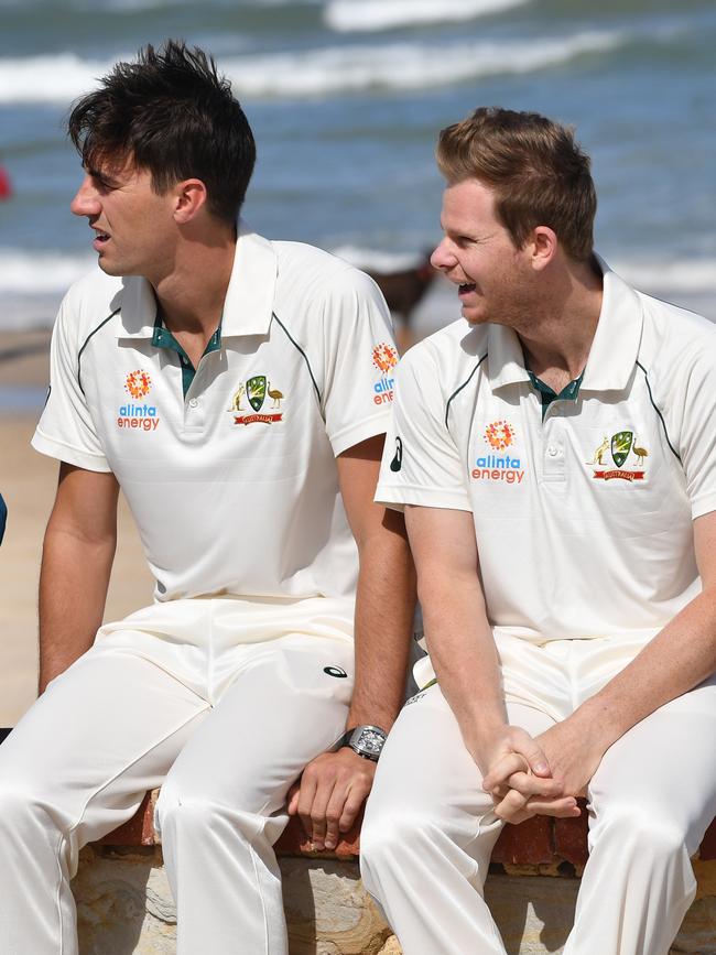 Pat Cummins and Steve Smith share a laugh at the Cricket Australia season launch. Picture: AAP Image/David Mariuz