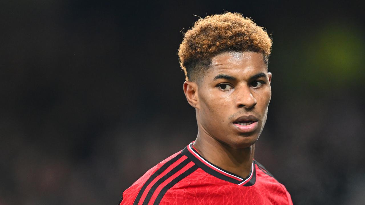 LIVERPOOL, ENGLAND - NOVEMBER 26: Marcus Rashford of Manchester United looks on during the Premier League match between Everton FC and Manchester United at Goodison Park on November 26, 2023 in Liverpool, England. (Photo by Michael Regan/Getty Images)