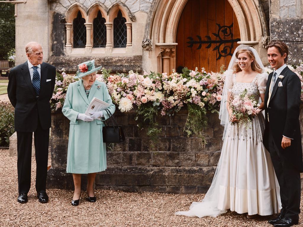 Prince Andrew’s elder daughter Princess Beatrice and Edoardo Mapelli Mozzi outside The Royal Chapel of All Saints at Royal Lodge, Windsor after their wedding within July 2020. Picture: Getty