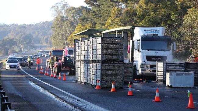 Traffic is diverted around the scene of the truck fire. Picture: Tait Schmaal