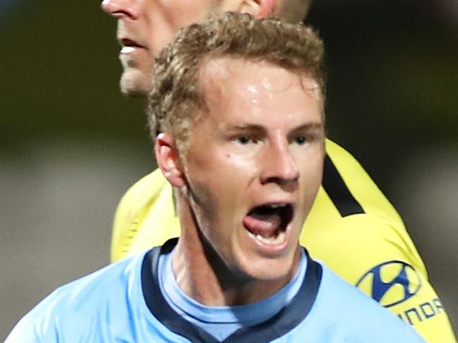 SYDNEY, AUSTRALIA - JULY 17: Trent Buhagiar of Sydney FC celebrates scoring a goal during the round 21 A-League match between Sydney FC and the Wellington Phoenix at Netstrata Jubilee Stadium on July 17, 2020 in Sydney, Australia. (Photo by Mark Kolbe/Getty Images)