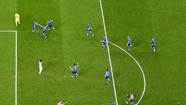 Italy players celebrate after England's midfielder Bukayo Saka fails to score past Italy's goalkeeper Gianluigi Donnarumma in the penalty shootout during the UEFA EURO 2020 final. Picture: AFP