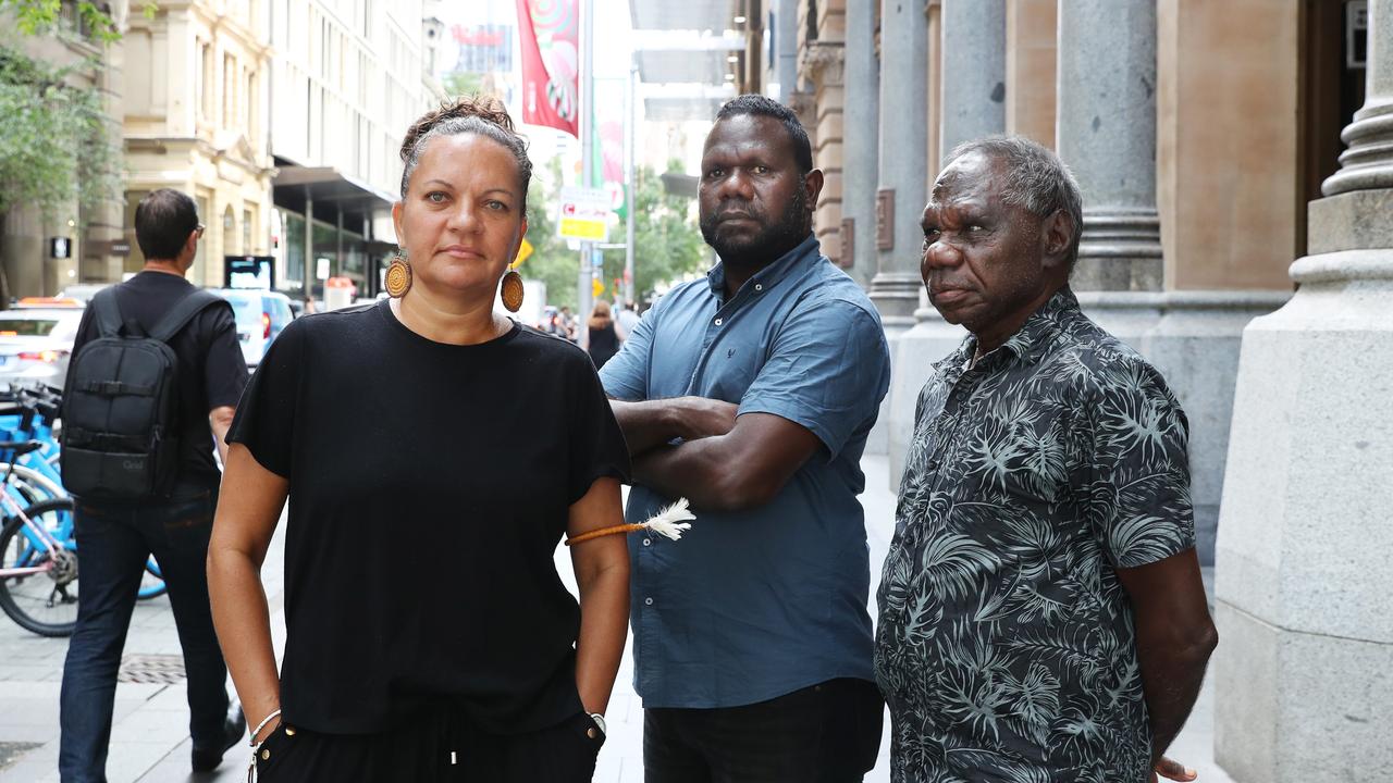 Tiwi islanders Antonia Burke, Simon Munkura and Pirrawayingi Puruntatameri protesting NAB’s funding of Santos gas projects. Picture: John Feder.