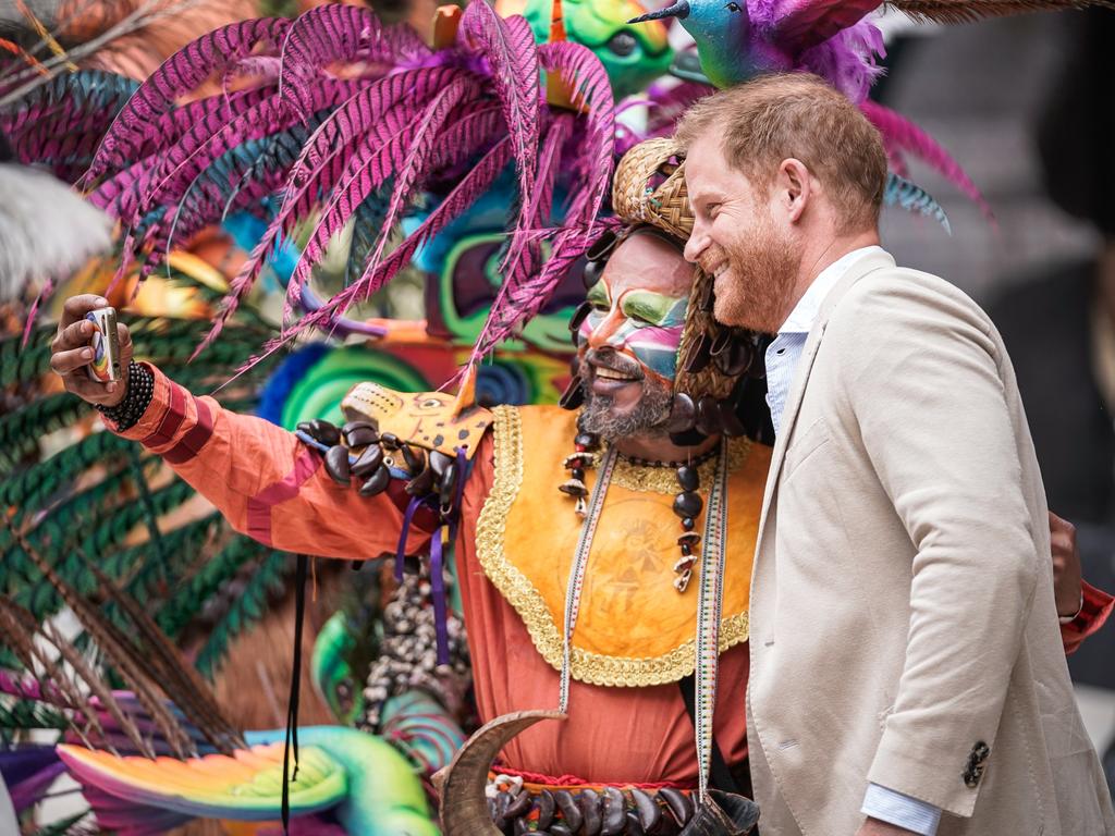 Prince Harry poses for a selfie at Centro Nacional de las Artes Delia Zapata during a visit in Bogota, Colombia. Picture: Getty Images