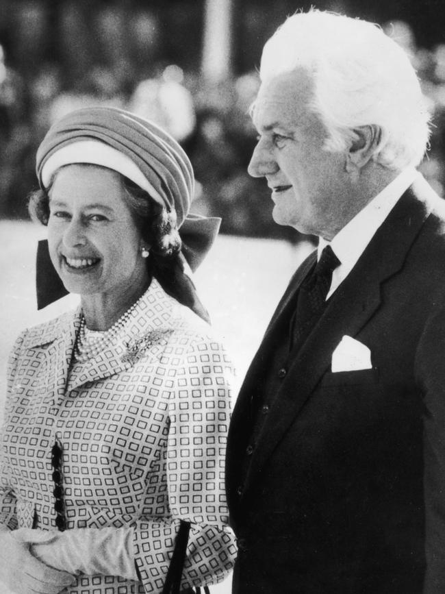 Sir John Kerr, the Governor-General of Australia, escorts Queen Elizabeth II to her aircraft at Perth Airport, following her Jubilee Tour of the country on April 5 1977. Picture: Central Press/Getty Images