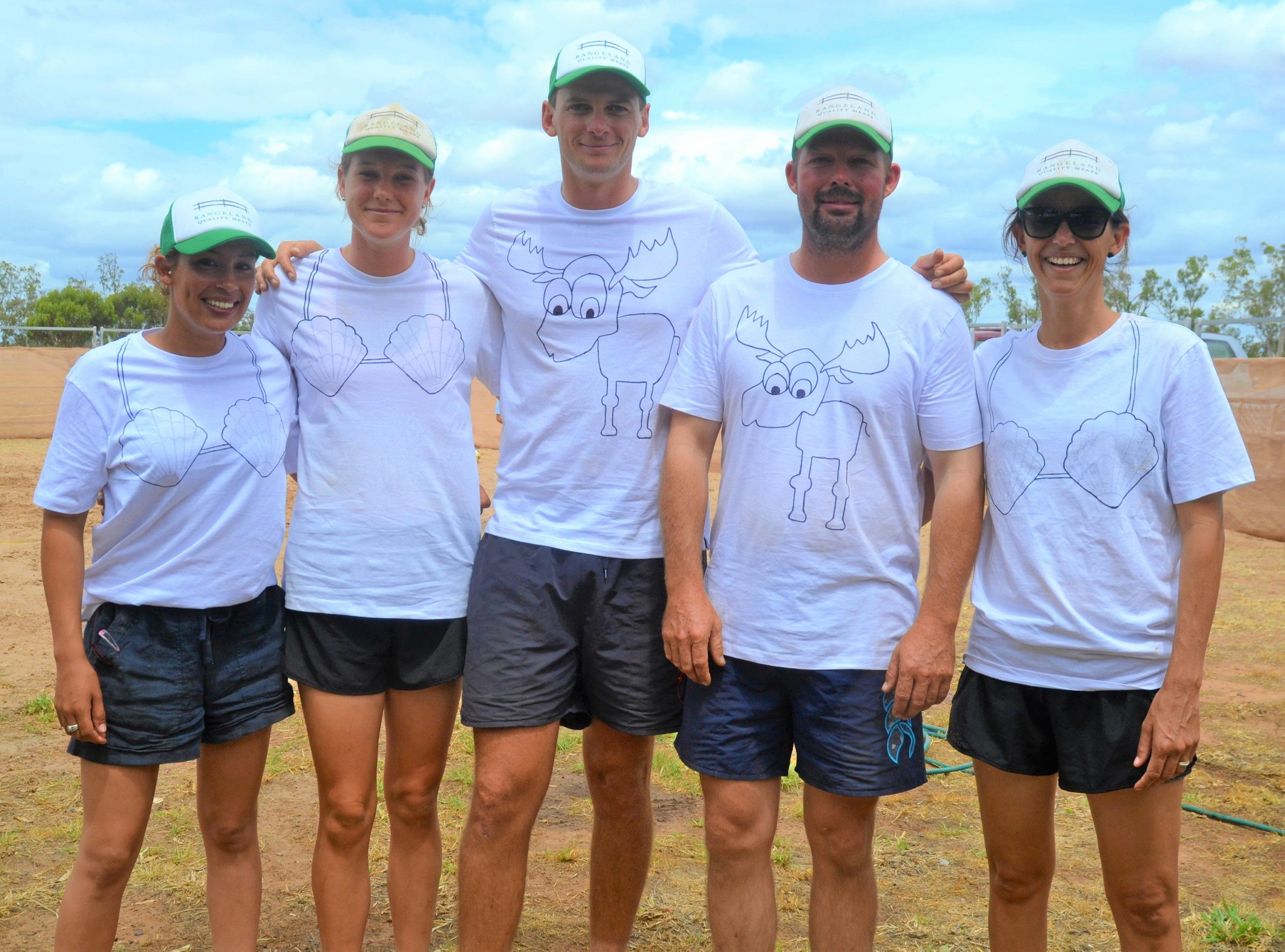 Diena Helmigh, Genevieve Kane, Daniel Stirling, Jim Loman and Sarah Lomas at the Dulacca Sports Club annual Bush Beach Volleyball tournament. Picture: Kate McCormack