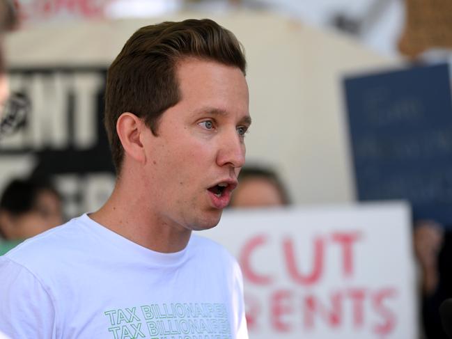 The Greens Housing spokesman Max Chandler-Mather during a rally outside Labor's 49th National Conference in Brisbane. Picture: Dan Peled / NCA NewsWire