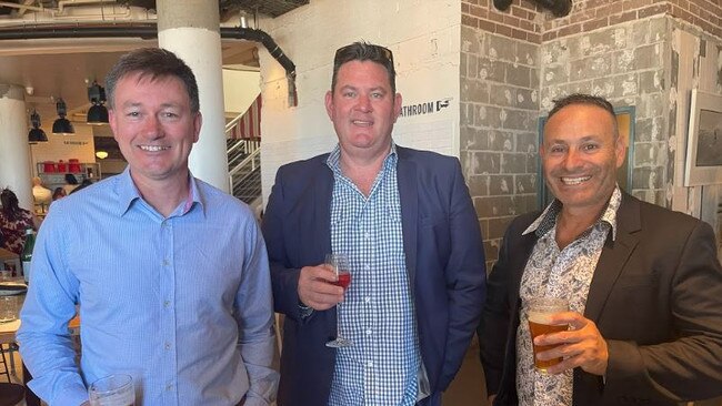 From left to right: Mark Waller, Chris Bellamy and Jack Borg celebrate Melbourne Cup Day at the Coogee Pavilion.