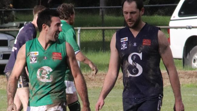 Michael Firrito and Josh Fraser share a moment.     Picture: Bethany Hutchison