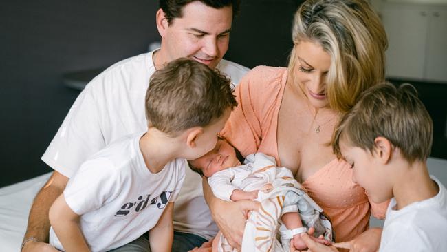 Liz Cantor with her husband Ryan and children, Kit, Fin and Sky at Pindara Private Hospital Gold Coast. Picture: Pindara Private Hospital/Lana Bell Photography.