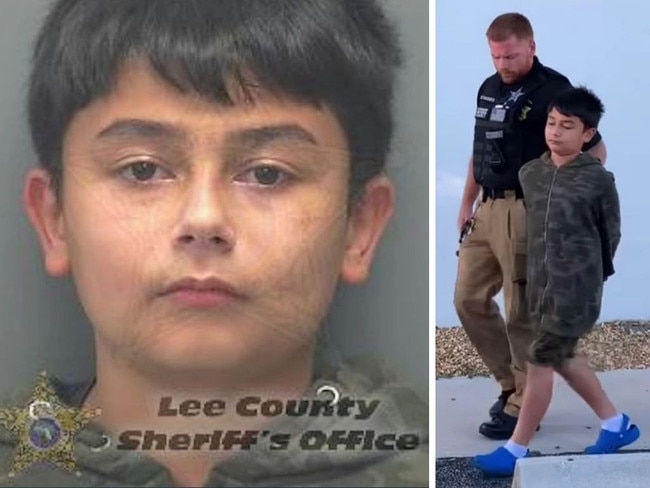 Florida authorities Monday released the mugshot and arrest footage of 10-year-old Daniel Issac Marquez, who is accused of threatening to shoot up his school. Picture: Lee County Sheriff's Office