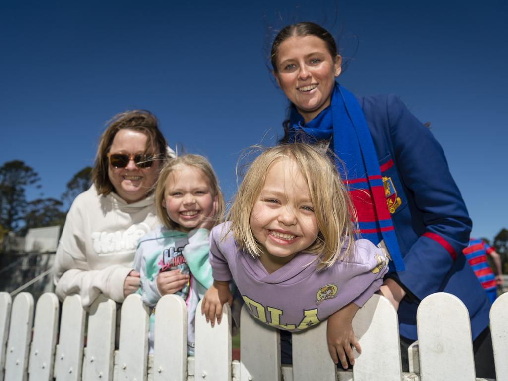 Backing Downlands are (from left) Suzanne Watson, Lilly Philips, Lola Philips and Charlotte McGregor on Grammar Downlands Day at Toowoomba Grammar School, Saturday, August 19, 2023. Picture: Kevin Farmer