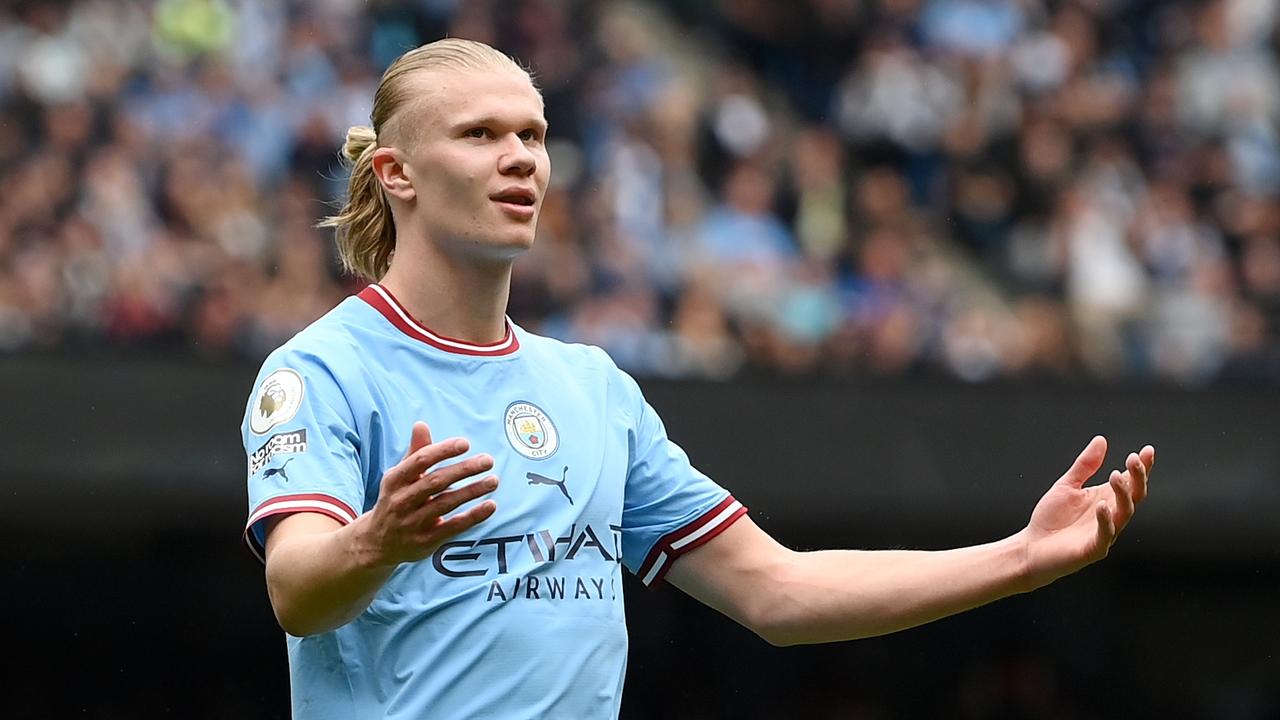 MANCHESTER, ENGLAND – MAY 06: Erling Haaland of Manchester City reacts during the Premier League match between Manchester City and Leeds United at Etihad Stadium on May 06, 2023 in Manchester, England. (Photo by Shaun Botterill/Getty Images)