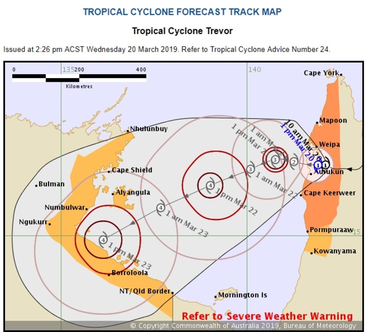 BOM Tropical Cyclone Trevor Track Map 2.26pm Wednesday March 20. Picture: BOM